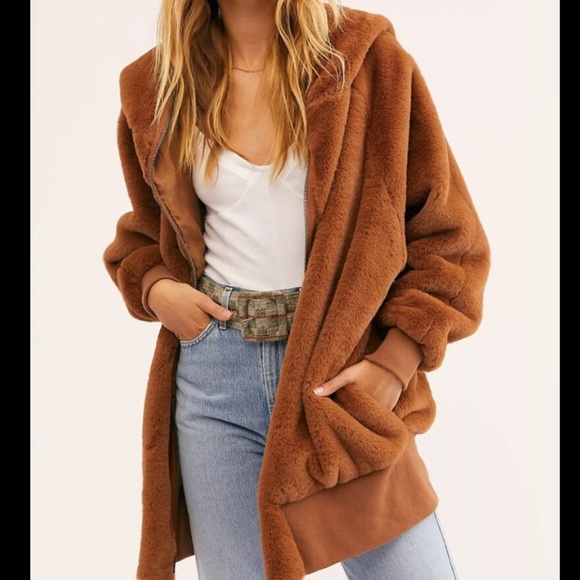 Free People Turn Up Zip Off Hoodie Brown Faux Fur Teddy Jacket - Picture 2 of 13